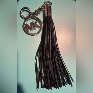 Michael Kors Black Leather Tassel Charm with Silver MK Logo